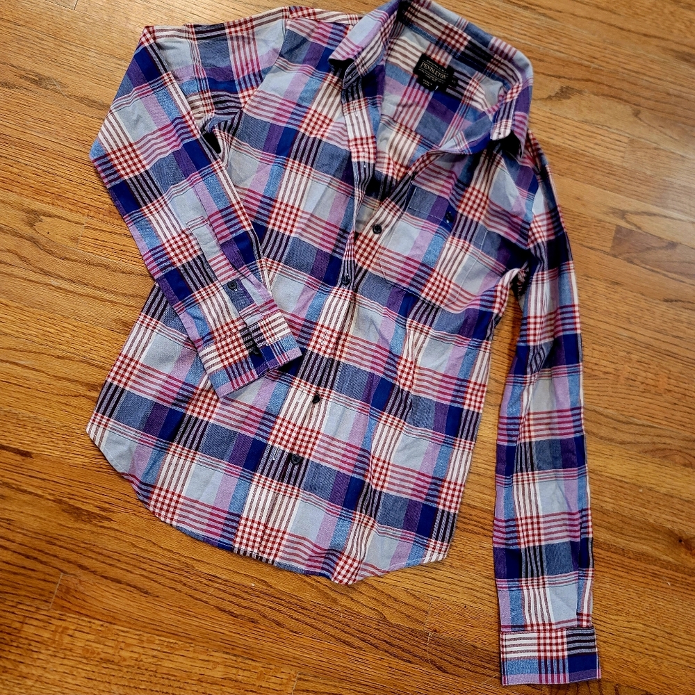 Pendleton 100% Cotton Long-sleeve Button-down All-season Blouse Plaid Blue, Red